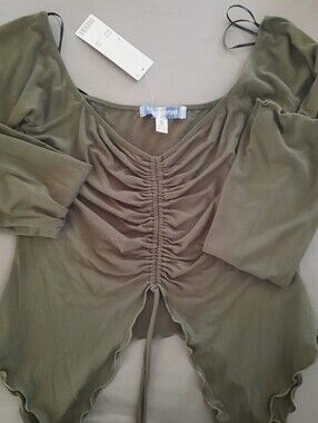 Urban Outfitters NWT Green Ruched Tie Front Lettuce Edge Longsleeve Top Medium